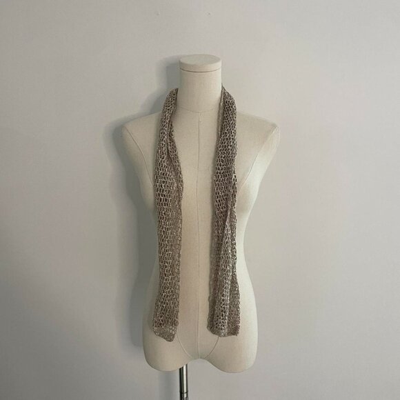 Handmade Open Knit Skinny Scarf  | Neutral Taupe Boho Y2K - Picture 3 of 4